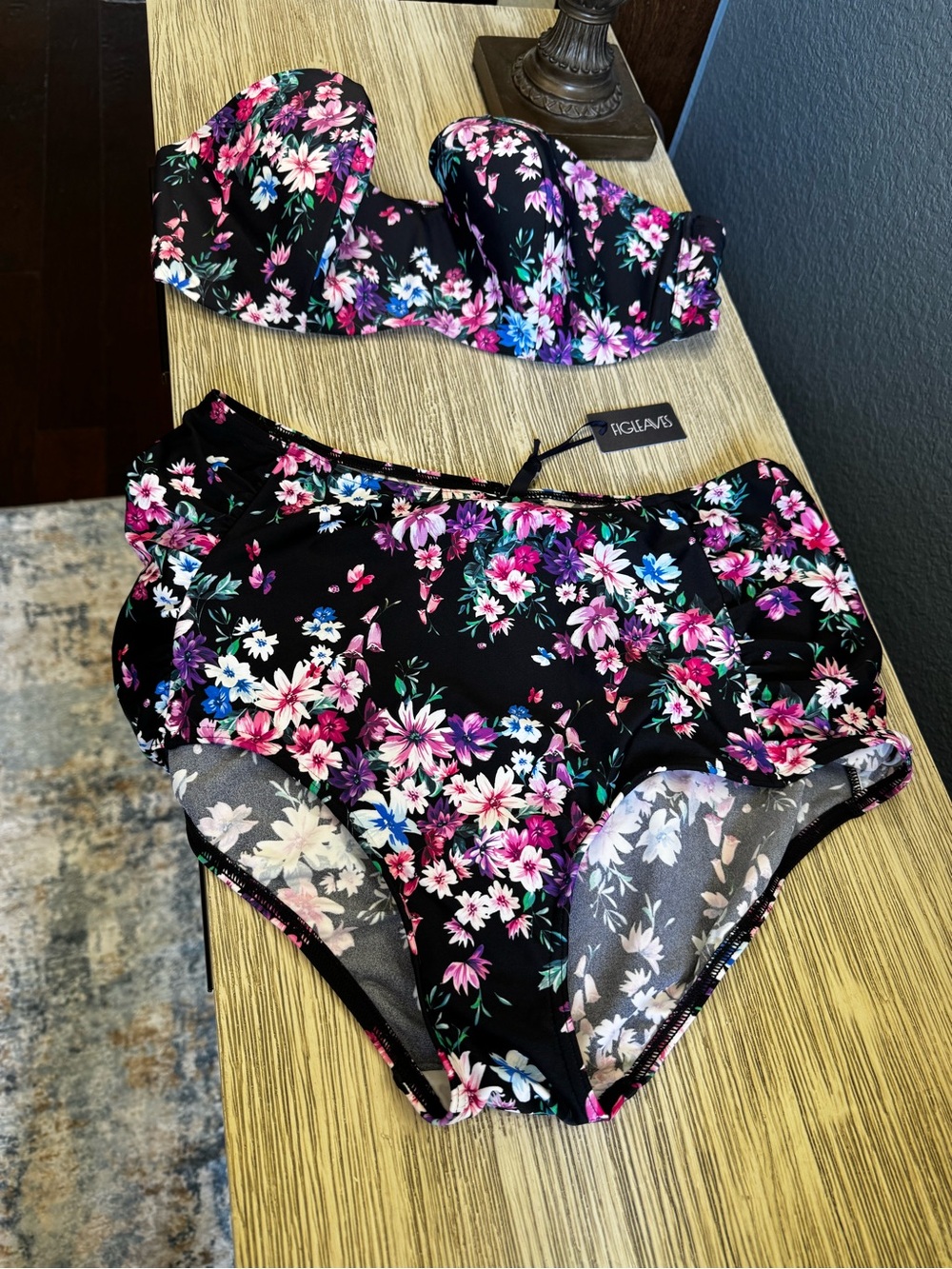 🆕 High-Waist Floral Bikini Set in Black with Pink & Purple Accents